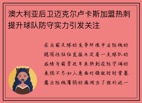 澳大利亚后卫迈克尔卢卡斯加盟热刺提升球队防守实力引发关注