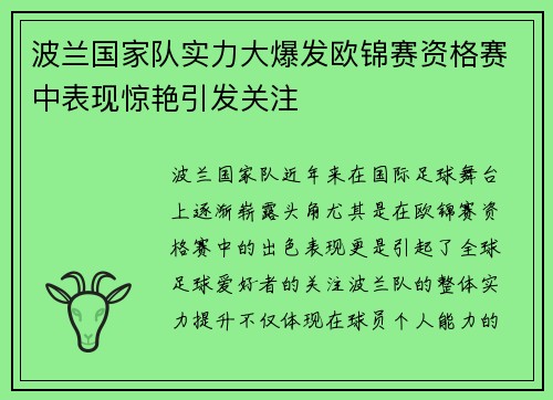 波兰国家队实力大爆发欧锦赛资格赛中表现惊艳引发关注