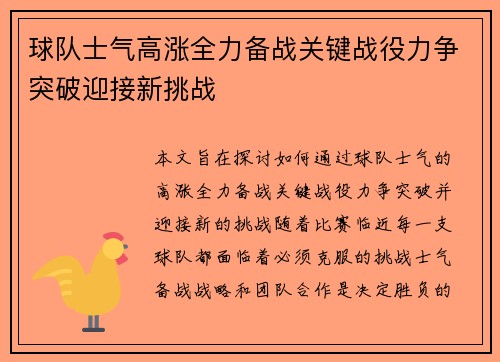 球队士气高涨全力备战关键战役力争突破迎接新挑战