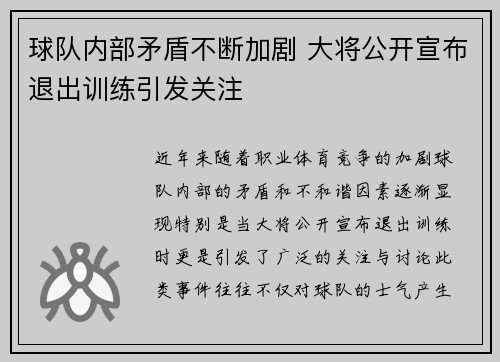 球队内部矛盾不断加剧 大将公开宣布退出训练引发关注